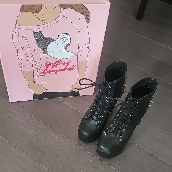 Jeffrey Campbell Shoes - Jeffrey Campbell Black Lace-Up Platform Boots with Silver Spikes